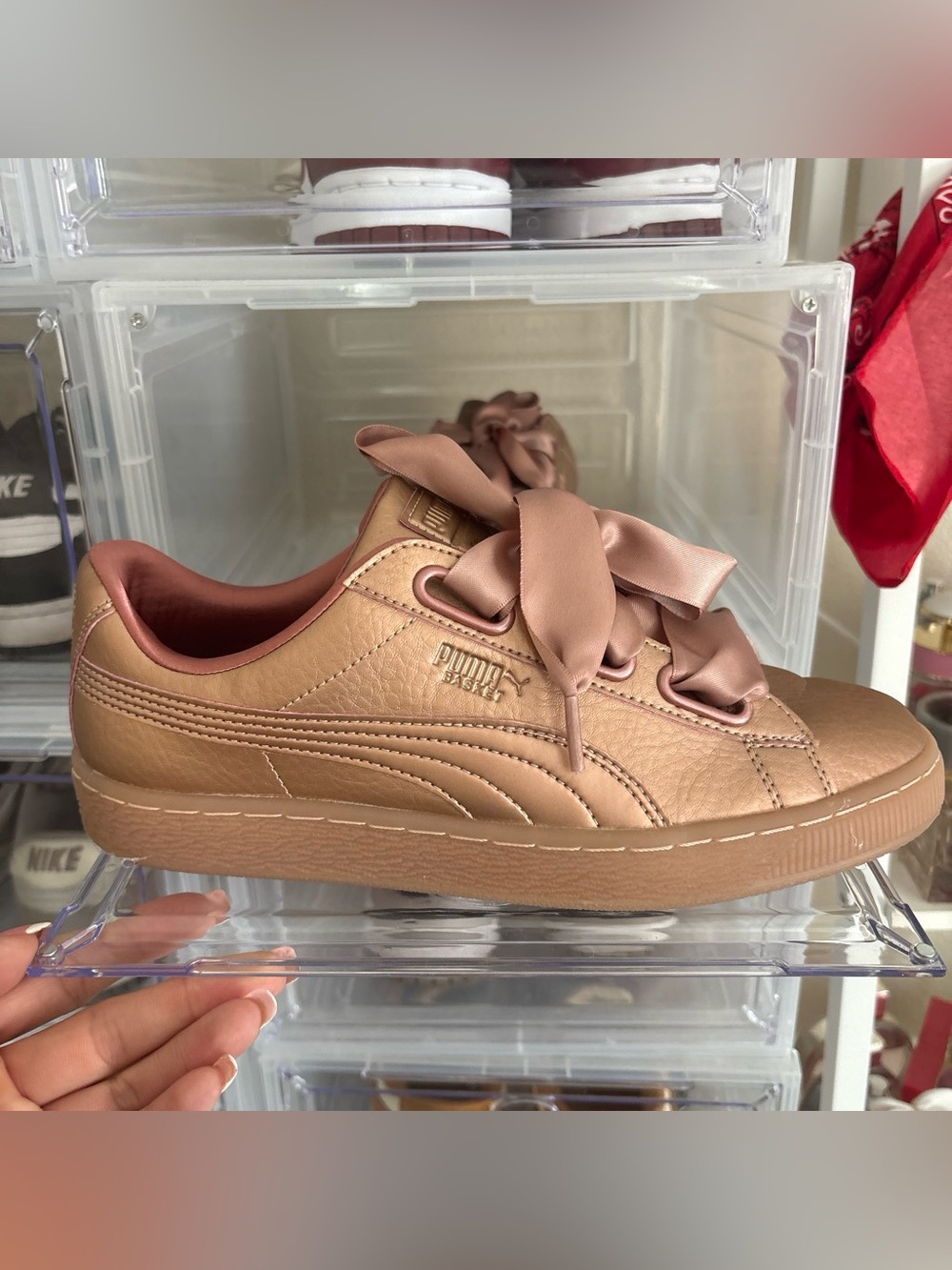 Puma  Basket Heart Satin Ribbon Sneakers in rose gold SIZE 9